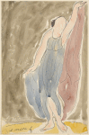 Isadora Duncan (standing center, facing left, holding violet drape up high with left hand, holding skirt of blue-green tunic with right hand)
