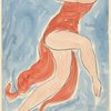 Isadora Duncan (prancing left to right, arms thrown across front and back, bright red tunic)
