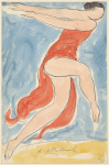 Isadora Duncan (prancing left to right, arms thrown across front and back, bright red tunic)