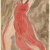 Isadora Duncan (half toe, lunging slightly left on to right leg, arms out and up, dark pink-red tunic)