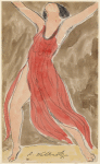 Isadora Duncan (half toe, lunging slightly left on to right leg, arms out and up, dark pink-red tunic)