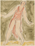 Isadora Duncan (enface left, tilting slightly back and right, arms and legs apart, half toe, red/pink tunic)