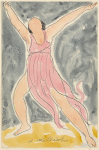 Isadora Duncan (lunging right to left onto right leg, arms above and outward, orchid pink tunic)