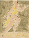 Isadora Duncan (skipping left to right, right leg lifted, yellow tunic)