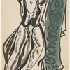 Isadora Duncan (moving left to right, left foot lifted, arms up and outward, no color on tunic, heavy black brush strokes, green banner to the right and behind with letters and 1934)