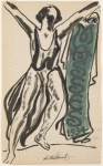 Isadora Duncan (moving left to right, left foot lifted, arms up and outward, no color on tunic, heavy black brush strokes, green banner to the right and behind with letters and 1934)