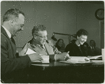 Joshua Logan (director), Ezio Pinza (Emile De Becque), Mary Martin (Nellie Forbush), and cast at early reading of South Pacific