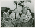 James Michener (author of Tales of the South Pacific which was the basis for the musical South Pacific) second from left, with Lorraine Santschi (Nellie Forbush in the Honolulu Community Theatre's 1955 production of South Pacific), Arthur Sircom (director of same production) and unidentified woman