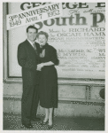 George Britton (Emile De Becque replacement) and Martha Wright (Nellie Forbush replacement) in front of the Majestic Theatre on the third anniversary of South Pacific)