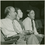 Salvatore Dell'Isola (musical director), Agnes De Mille (director and choreographer) and unidentified man at Allegro rehearsal