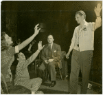 Constance Moore (Antiope), Ray Bolger (Sapiens), Joshua Logan (director) and Robert Alton (choreographer) in rehearsal for By Jupiter
