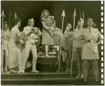 Ray Bolger (Sapiens), Benay Venuta (Hippolyta) Constance Moore (Antiope) and cast in By Jupiter