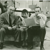 Richard Rodgers (music), Pat Suzuki (Linda Low) and Goddard Lieberson (cast album producer) at the cast recording session for Flower Drum Song