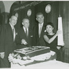 Joseph Fields (book), Richard Rodgers (music), Oscar Hammerstein II (lyrics) and Pat Suzuki (Linda Low) at a party for Flower Drum Song