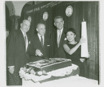 Joseph Fields (book), Richard Rodgers (music), Oscar Hammerstein II (lyrics) and Pat Suzuki (Linda Low) at a party for Flower Drum Song