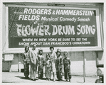 C.Y. Lee (novelist), Lily Valentine (Miss Pacific Festival) and girls of the St. Mary's Girls Drum Corp. at the unveiling of the Flower Drum Song billboard in Chinatown (San Francisco, Calif.)