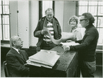 Richard Rodgers (Music), Nicol Williamson (Henry VIII), Penny Fuller (Anne Boleyn/Princess Elizabeth) and Sheldon Harnick (Lyrics) in rehearsal for Rex