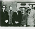 Sheldon Harnick (lyrics), unidentified, Richard Rodgers (music), unidentified and Richard Adler (producer) at rehearsal for Rex