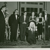 At extreme left, Mark Dawson (Bob), at center, Bill Hayes (Larry) and Isabel Bigley (Jeanie) and others at "stunt" birthday celebration for Me and Juliet