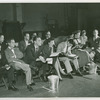 Front row: Arthur Maxwell (Charlie Clay), Edwin Philips (Sidney), Mark Dawson (Bob), Isabel Bigley (Jeanie), Bill Hayes (Larry), Joan McCracken (Betty Loraine) and Ray Walston (Mac); back row includes Herb Wasserman (Milton) and Lorraine Havercraft (Mildred) all at first reading of Me and Juliet