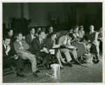 Front row: Arthur Maxwell (Charlie Clay), Edwin Philips (Sidney), Mark Dawson (Bob), Isabel Bigley (Jeanie), Bill Hayes (Larry), Joan McCracken (Betty Loraine) and Ray Walston (Mac); back row includes Herb Wasserman (Milton) and Lorraine Havercraft (Mildred) all at first reading of Me and Juliet