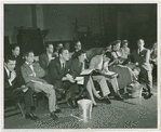 Front row: Arthur Maxwell (Charlie Clay), Edwin Philips (Sidney), Mark Dawson (Bob), Isabel Bigley (Jeanie), Bill Hayes (Larry), Joan McCracken (Betty Loraine) and Ray Walston (Mac); back row includes Herb Wasserman (Milton) and Lorraine Havercraft (Mildred) all at first reading of Me and Juliet