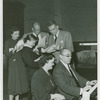 Isabel Bigley (Jeanie), Joan McCracken (Betty Loraine), George Abbott (director), Oscar Hammerstein II (book and lyrics), Margot Hopkins (rehearsal pianist) and Richard Rodgers (music) in rehearsal for Me and Juliet