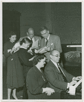 Isabel Bigley (Jeanie), Joan McCracken (Betty Loraine), George Abbott (director), Oscar Hammerstein II (book and lyrics), Margot Hopkins (rehearsal pianist) and Richard Rodgers (music) in rehearsal for Me and Juliet