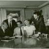 Richard Rodgers (music), Russel Crouse and Howard Lindsay (book), Vincent J. Donehue (director), Mary Martin (Maria Rainer), Theodore Bikel (Captain Georg von Trapp) and Oscar Hammerstein II (lyrics) at reading of The Sound of Music