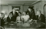 Richard Rodgers (music), Russel Crouse and Howard Lindsay (book), Vincent J. Donehue (director), Mary Martin (Maria Rainer), Theodore Bikel (Captain Georg von Trapp) and Oscar Hammerstein II (lyrics) at reading of The Sound of Music