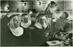 Elizabeth Howell? (Sister Berthe), Muriel O'Malley? (Sister Margaretta), Karen Shepard? (Sister Sophia), unidentified, and Nan McFarland? (Frau Schmidt) in dressing room at The Sound of Music
