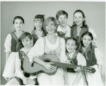Back row: Kia Graves (Brigitta), Kelly Karbacz (Louisa), Richard A. Blake (Friedrich) and Emily Loesser (Liesl) Front row: Ted Huffman (Kurt), Debbie Boone (Maria Rainer), Lauren Gaffney (Marta) and Marry Mazzello (Gretl) in the 1990 revival of The Sound of Music