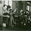 Richard Kiley (David Jordon), Diahann Carroll (Barbara Woodruff), Noelle Adam (Jeanette Valmy), Alvin Epstein (Luc Delbert), Bernice Massi (Comfort O'Connell), Don Chastain (Mike Robinson) and cast in rehearsal for No Strings