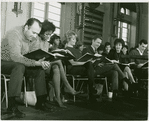 Richard Kiley (David Jordon), Diahann Carroll (Barbara Woodruff), Noelle Adam (Jeanette Valmy), Alvin Epstein (Luc Delbert), Bernice Massi (Comfort O'Connell), Don Chastain (Mike Robinson) and cast in rehearsal for No Strings