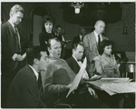 Mitchell Gregg (Louis de Pourtal), Don Chastain (Mike Robinson), Richard Kiley (David Jordon), Bernice Massi (Comfort O'Connell), Milton Greene (assistant conductor), Richard Rodgers (music) and Diahann Carroll (Barbara Woodruff) at rehearsal for No Strings