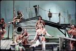 Walter Willison, Tricia O'Neil [seated above], Madeline Kahn [seated below], Joan Copeland [seated center], Michael Karm [background], Danny Kaye [foreground] and Harry Goz in the stage production Two by Two