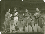 Katherine Anderson (Queen Guinevere), unidentified actor, unidentified actor and Dick Foran (Martin) in the 1943 revival of A Connecticut Yankee