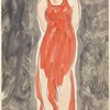 Isadora Duncan (standing center frame, face on, arms low behind her, face up, wearing a red tunic)