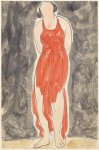 Isadora Duncan (standing center frame, face on, arms low behind her, face up, wearing a red tunic)