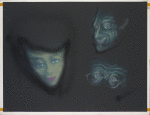 Three green-gray faces on black paper, one with spectacles, two with pink lips