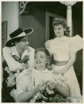 Alfred Drake (Curly), Betty Garde (Aunt Eller) and Joan Roberts (Laurey) in Oklahoma!