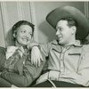 Betty Garde (Aunt Eller) and Alfred Drake (Curly) sharing a candid moment during the original run of Oklahoma!]