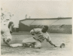 Jackie Robinson sliding into home as a member of the Montreal Royals, the Brooklyn Dodgers farm club