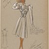 Coat with tucked bodice, puffed sleeves and ties at bust and waist.