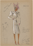 Suit jacket is cut to curve over hips.