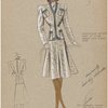 Collarless sports suit of tweed edged with plain wool.