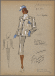Boxy short jacket of two-tone fabric with matching straight skirt.