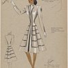 Fitted coat with tiered satin piping on flared skirt.