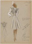 Fitted coat with v-neck and embroidered detail on bodice.