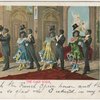 The Cake Walk. Color postcard of four couples dancing.